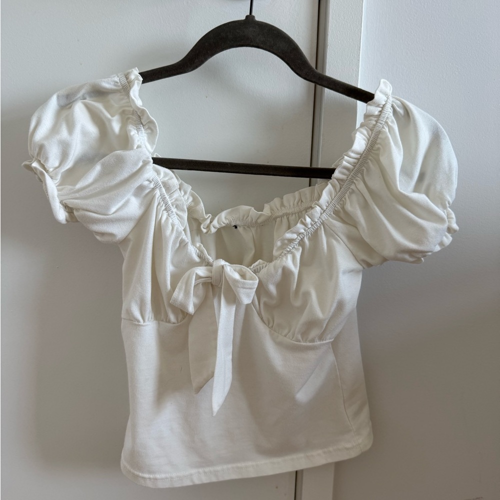 SHEIN White Puff Sleeve Ruched Blouse